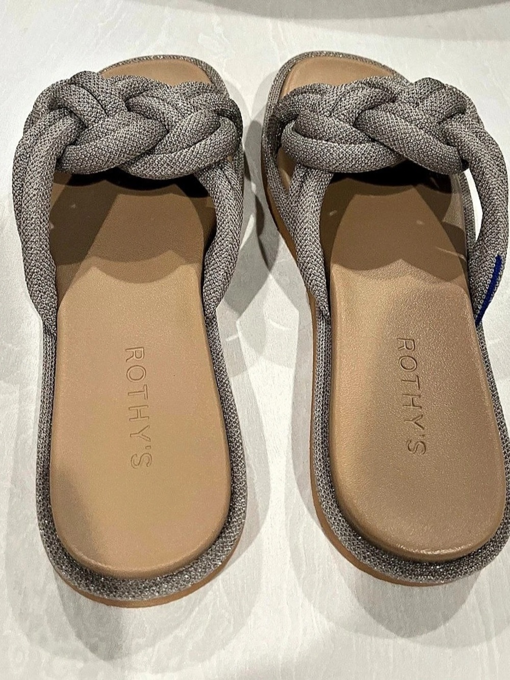 Rothy's The Twist Slide Sandals silver braided. US 8.5